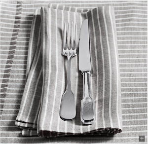 European Stripe Linen Dinner Napkins in Mist with White